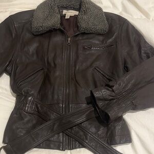 VTG Dark Brown Leather Jacket with Shearling Collar